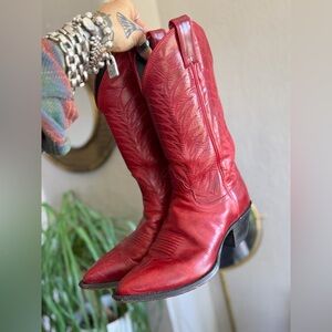 Vtg Justin Red Leather Western Cowboy Boots - Women’s